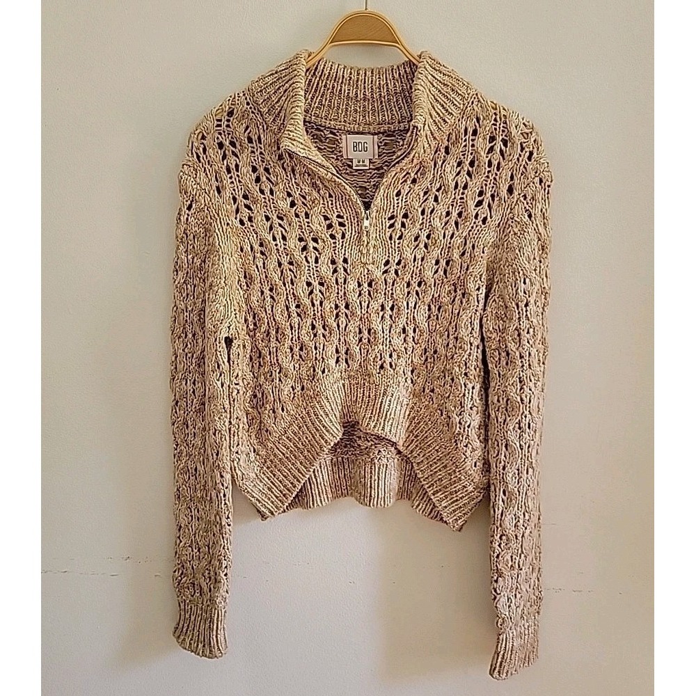 Urban Outfitters BDG Killian Mock Neck Quarter Zip‎ Sweater Openwork Cable Knit